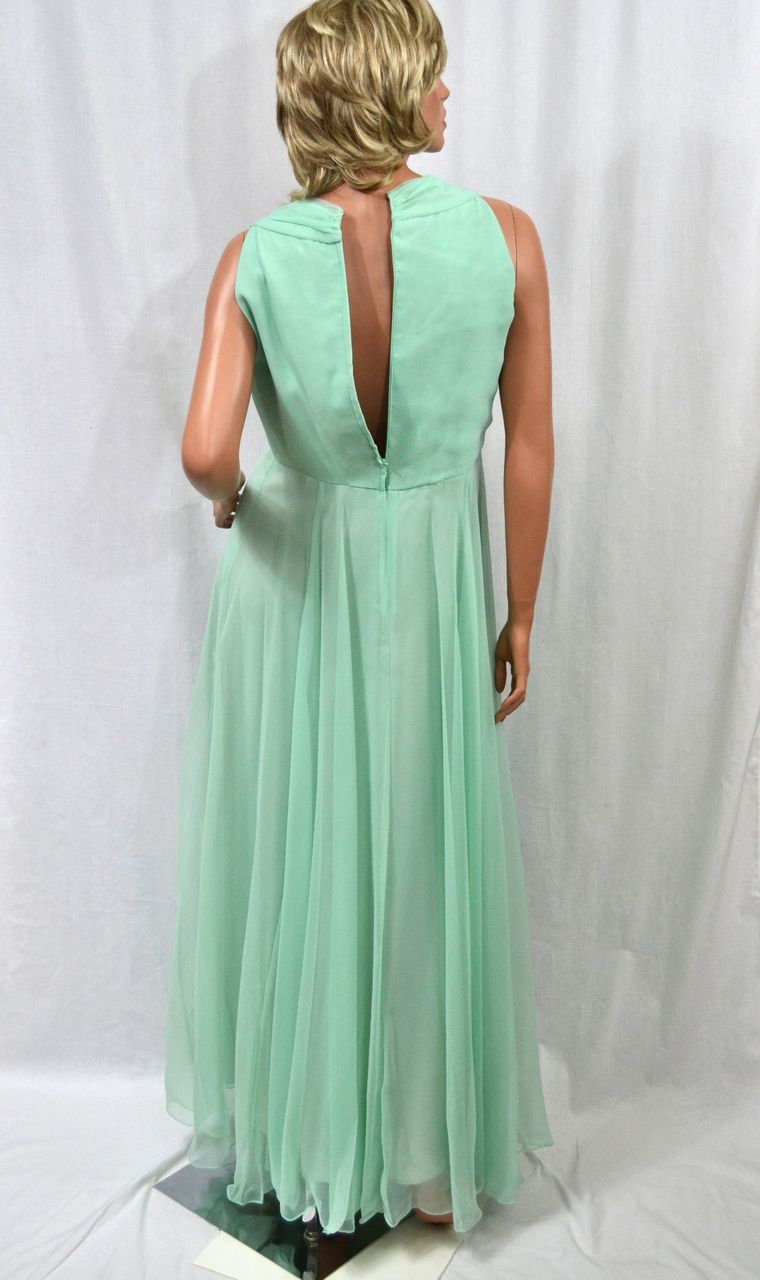 1970s Dan Lee Couture ~ Mint Green Floral Chiffon Dress w/ Shoulder Scarf 1970s Dan Lee Couture ~ Mint Green Floral Chiffon Dress w/ Shoulder Scarf