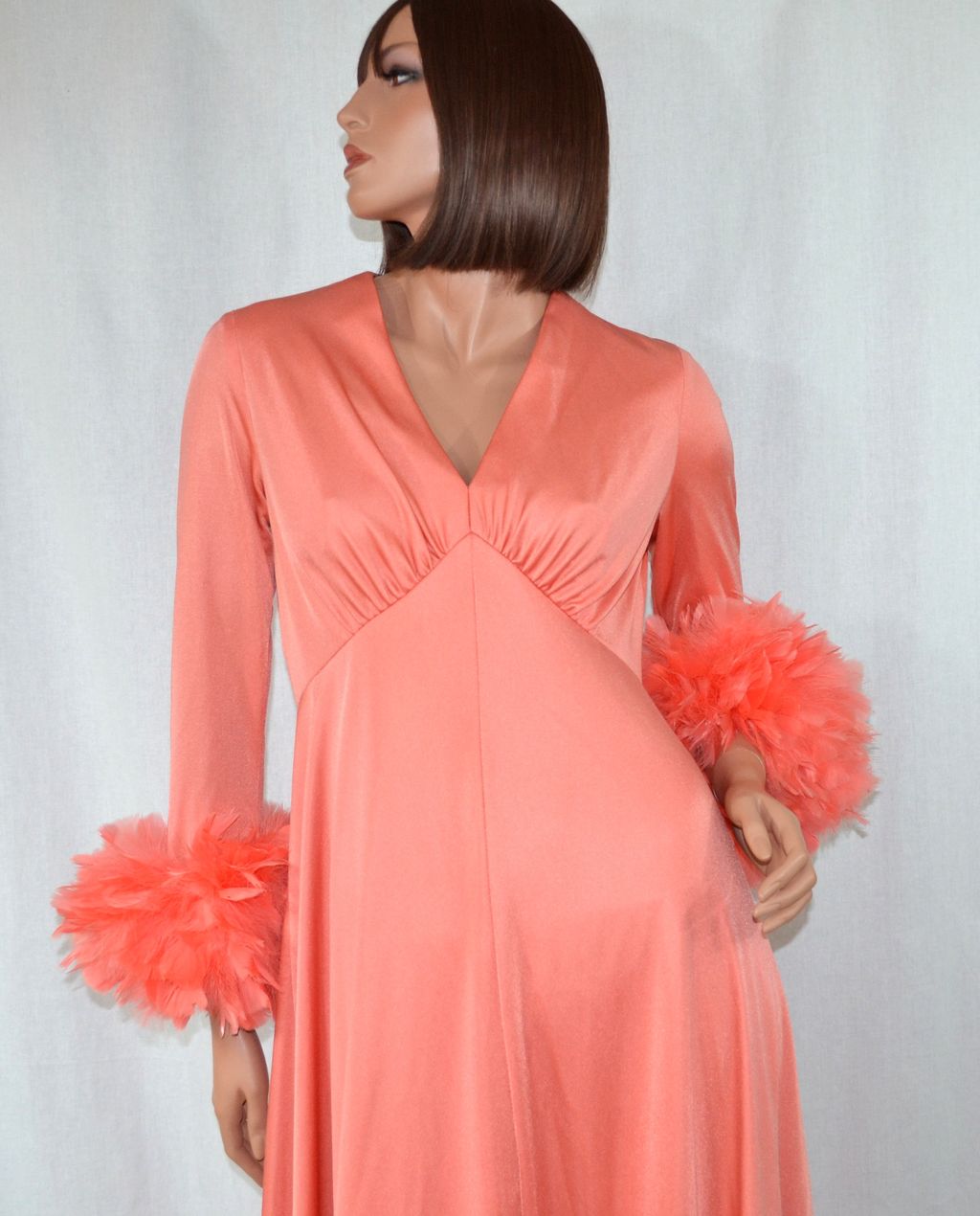 1970s Dan Lee Couture ~ Coral Peach Feather Cuff Maxi Dress 1970s Dan Lee Couture ~ Coral Peach Feather Cuff Maxi Dress