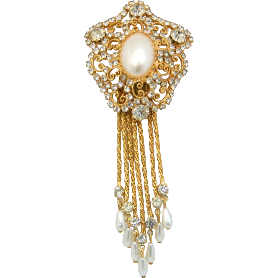 Vintage Juliana (D&E) Faux Pearl Heart Scroll Dangle Brooch Vintage Juliana (D&E) Faux Pearl Heart Scroll Dangle Brooch