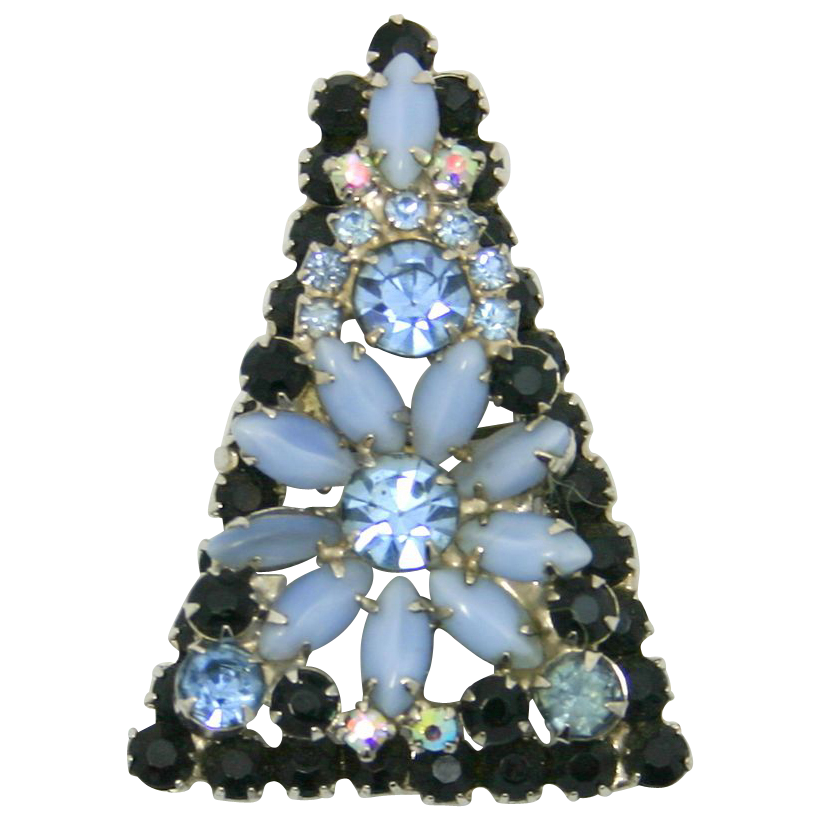 Vintage Juliana (D&E) Black & Blue Moonstone Rhinestone Framed Flower Brooch / Pendant Vintage Juliana (D&E) Black & Blue Moonstone Rhinestone Framed Flower Brooch / Pendant