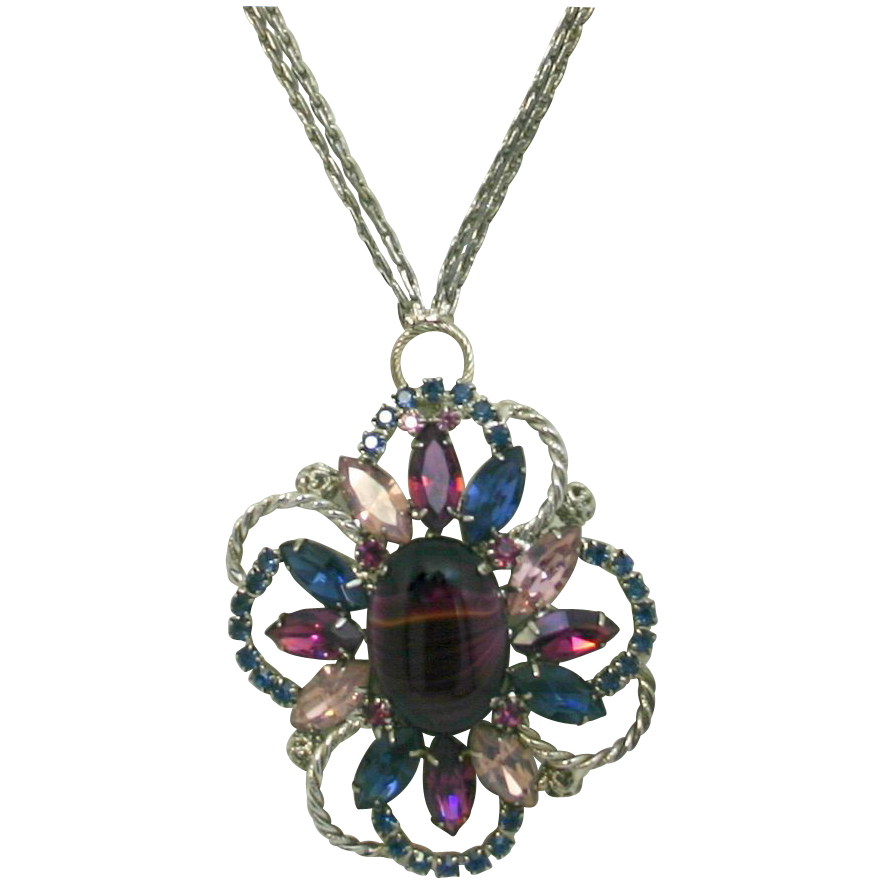 Vintage Juliana (D&E) Book Piece Striped Purple Cabochon & Rhinestone Pendant Necklace Vintage Juliana (D&E) Book Piece Striped Purple Cabochon & Rhinestone Pendant Necklace