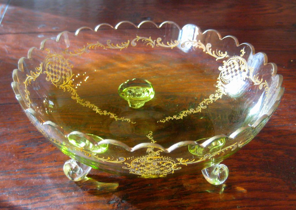 19th Century French Enameled Footed Glass Center Bowl, Circa 1880 19th Century French Enameled Footed Glass Center Bowl, Circa 1880