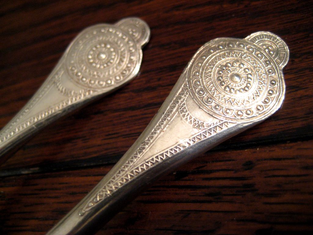 Pair Of Very Decorative Vintage Silver Plate Anointing Spoons Pair Of Very Decorative Vintage Silver Plate Anointing Spoons