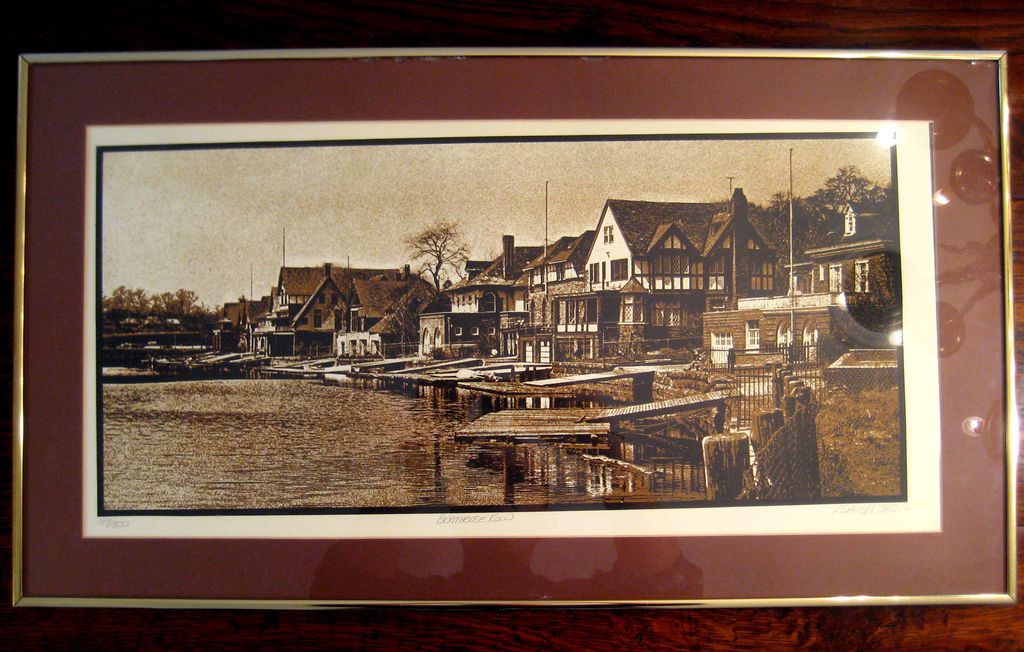 Large Vintage Signed Philadelphia Boat House Row Lithograph Large Vintage Signed Philadelphia Boat House Row Lithograph
