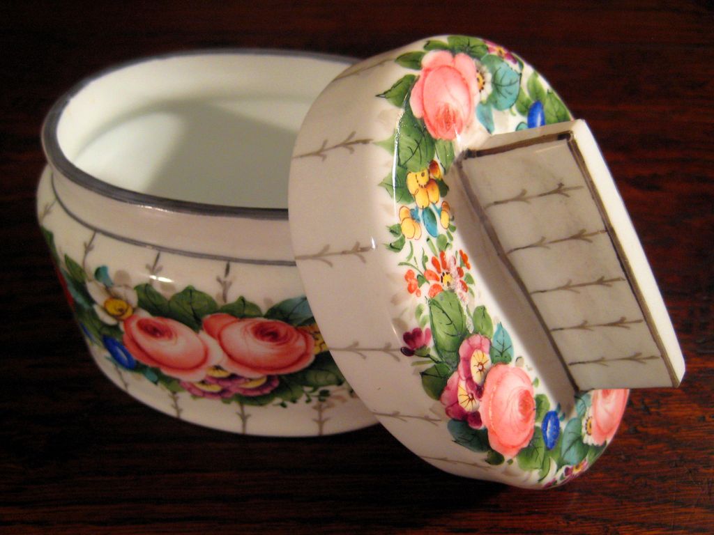 Antique French White Opaline Glass Floral Vanity Box, Circa 1910 Antique French White Opaline Glass Floral Vanity Box, Circa 1910