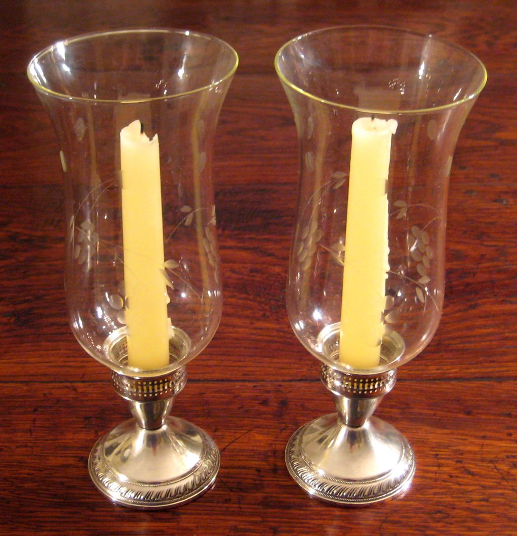 Vintage Pair Of Sterling Silver Candle Holders With Glass Hurricanes, Circa 1960 Vintage Pair Of Sterling Silver Candle Holders With Glass Hurricanes, Circa 1960