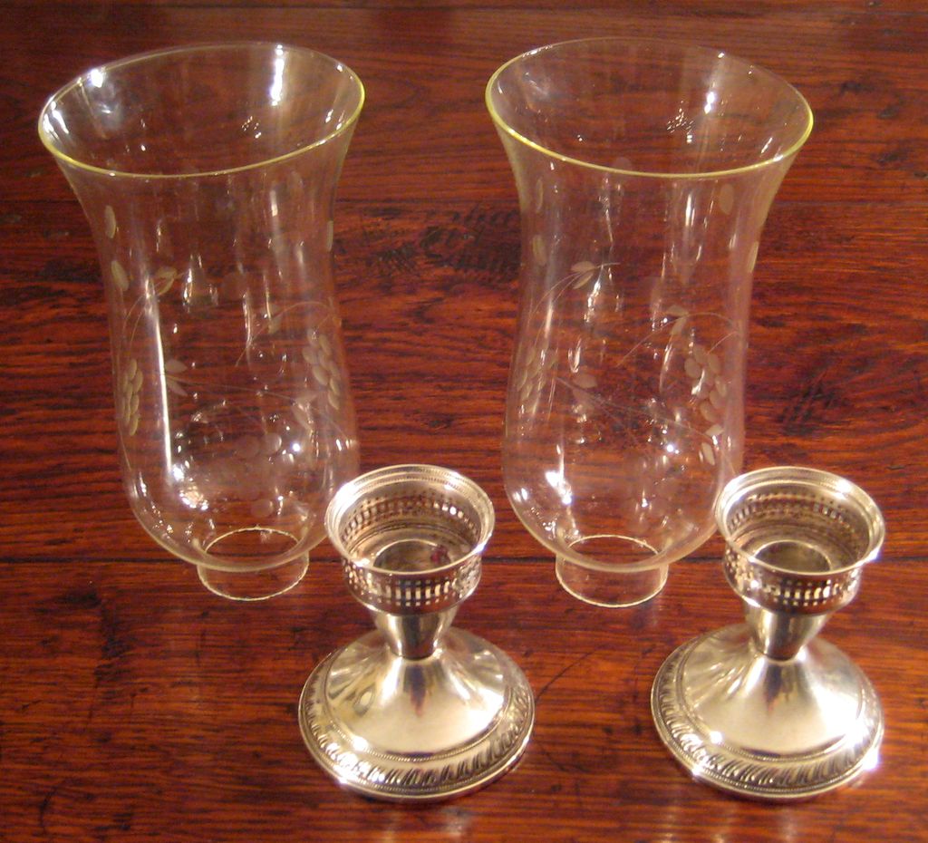 Vintage Pair Of Sterling Silver Candle Holders With Glass Hurricanes, Circa 1960 Vintage Pair Of Sterling Silver Candle Holders With Glass Hurricanes, Circa 1960