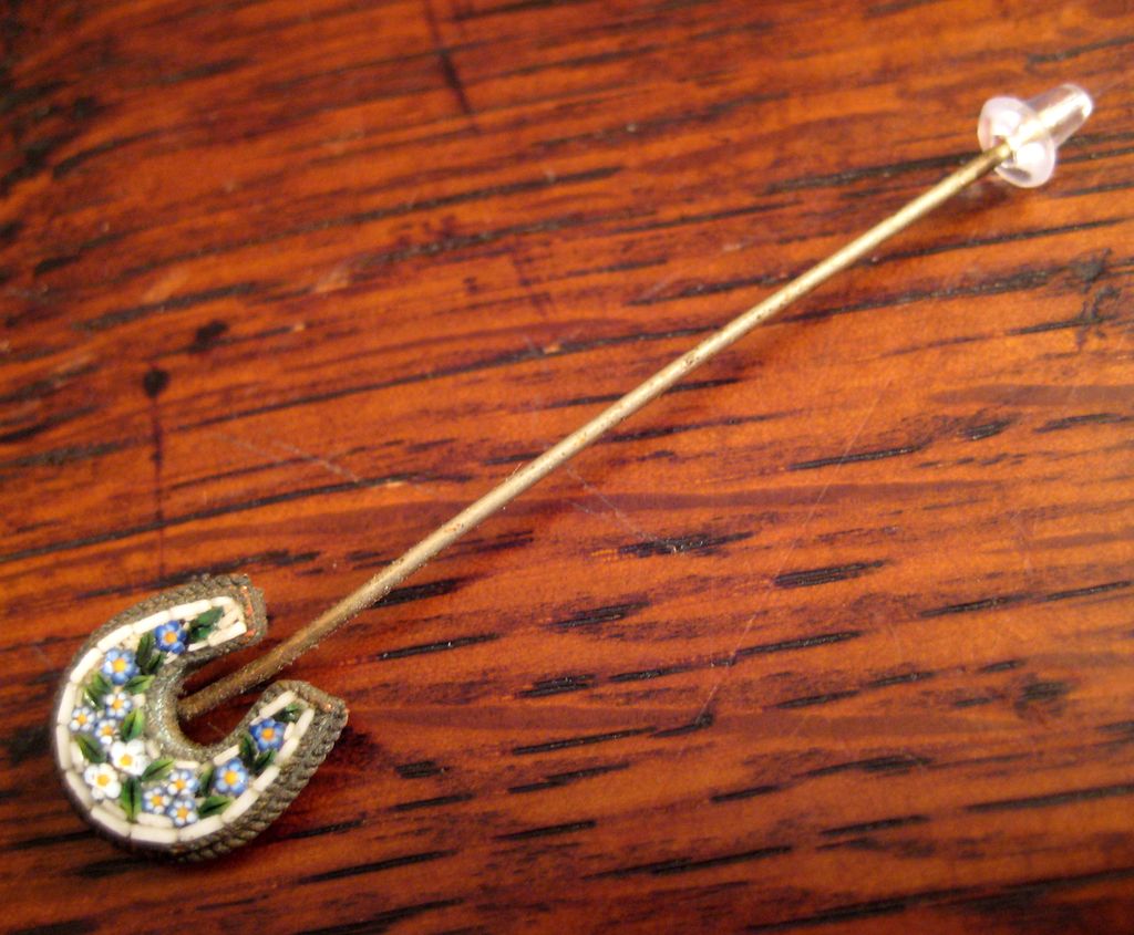 Antique Italian Micro Mosaic Horse Shoe Stick Pin, Circa 1910 Antique Italian Micro Mosaic Horse Shoe Stick Pin, Circa 1910