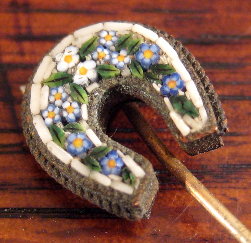 Antique Italian Micro Mosaic Horse Shoe Stick Pin, Circa 1910 Antique Italian Micro Mosaic Horse Shoe Stick Pin, Circa 1910