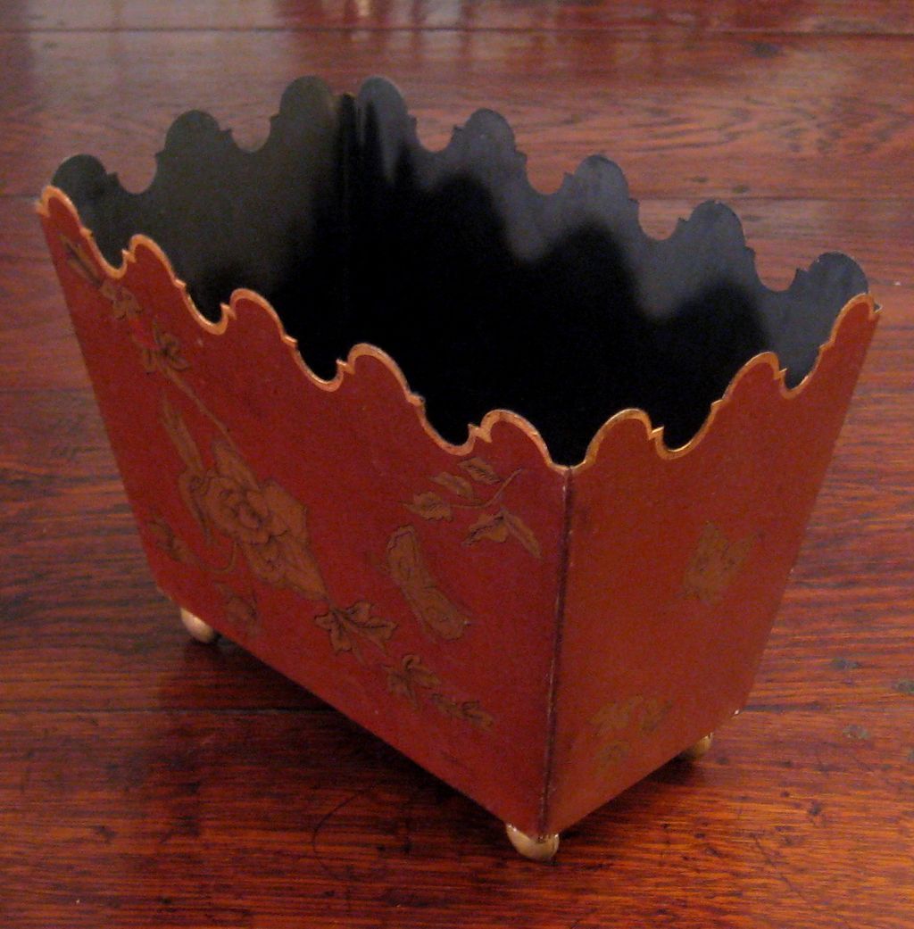 Vintage French Toleware Footed Planter With Gilt Floral Decoration Vintage French Toleware Footed Planter With Gilt Floral Decoration