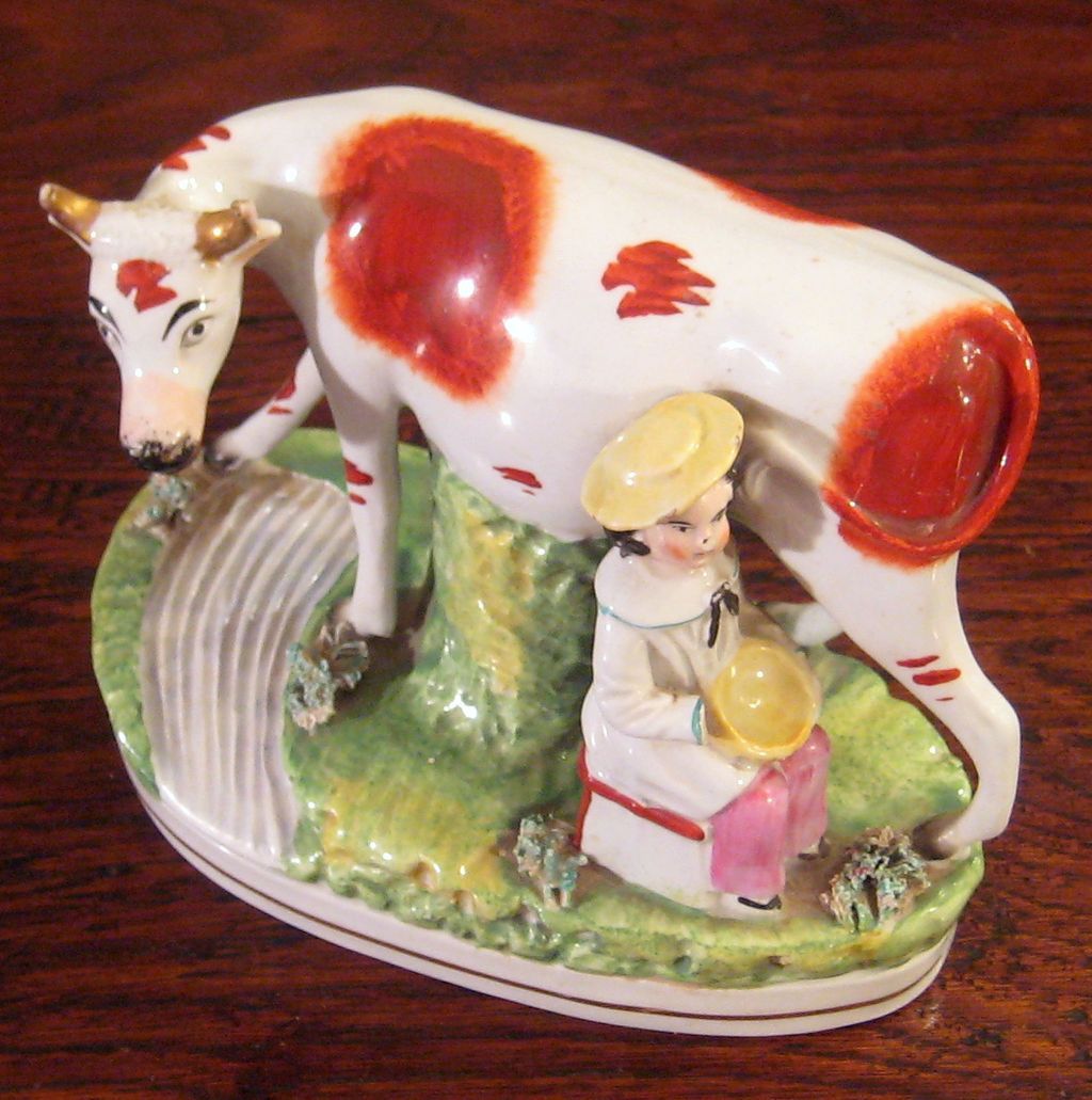 19th Century Staffordshire Cow With Milk Maiden, Circa 1870 19th Century Staffordshire Cow With Milk Maiden, Circa 1870