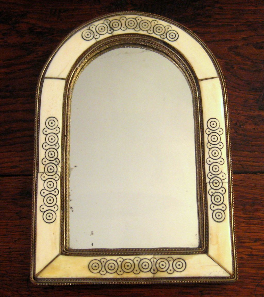Vintage Arched Mirror With Bone Inset Brass Frame Vintage Arched Mirror With Bone Inset Brass Frame