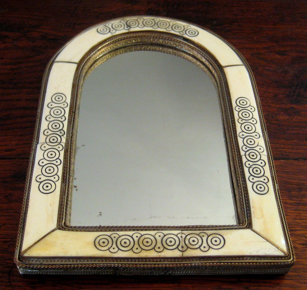 Vintage Arched Mirror With Bone Inset Brass Frame Vintage Arched Mirror With Bone Inset Brass Frame