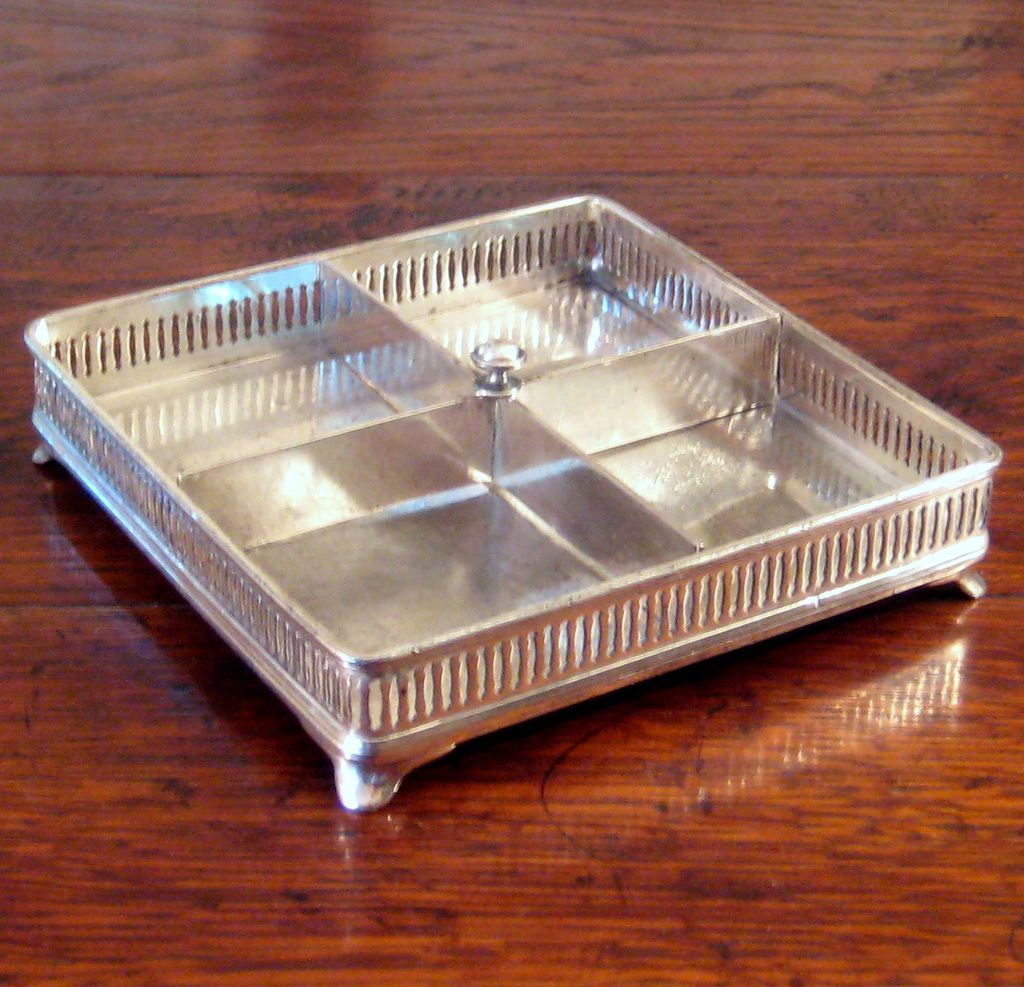 Early Vintage Silver Plate Divided Square Gallery Tray, Circa 1920 Early Vintage Silver Plate Divided Square Gallery Tray, Circa 1920