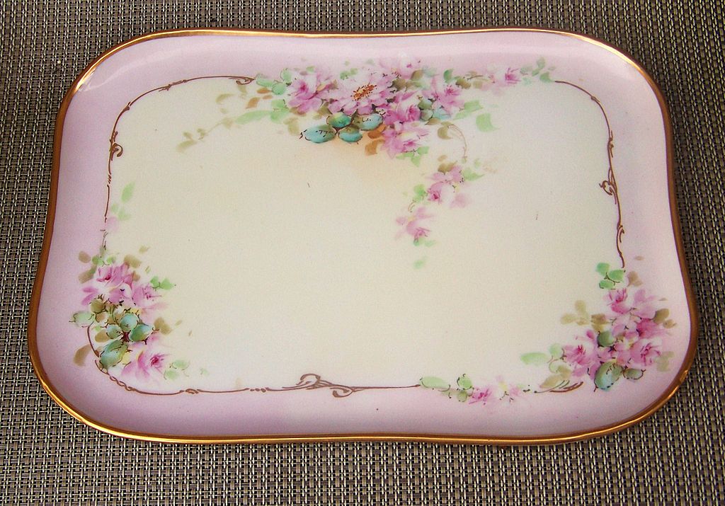 Vintage 1915 B & Co. France Hand Painted "Petite Pink Roses" 11-3/4" Dresser Tray, by Artist, "George Babcock" Vintage 1915 B & Co. France Hand Painted "Petite Pink Roses" 11-3/4" Dresser Tray, by Artist, "George Babcock"