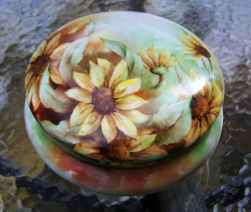 Large Bavaria 1900's Hand Painted "Sunflower" 8" Dresser Box by Artist, "Marguerite Seidelman" Large Bavaria 1900's Hand Painted "Sunflower" 8" Dresser Box by Artist, "Marguerite Seidelman"