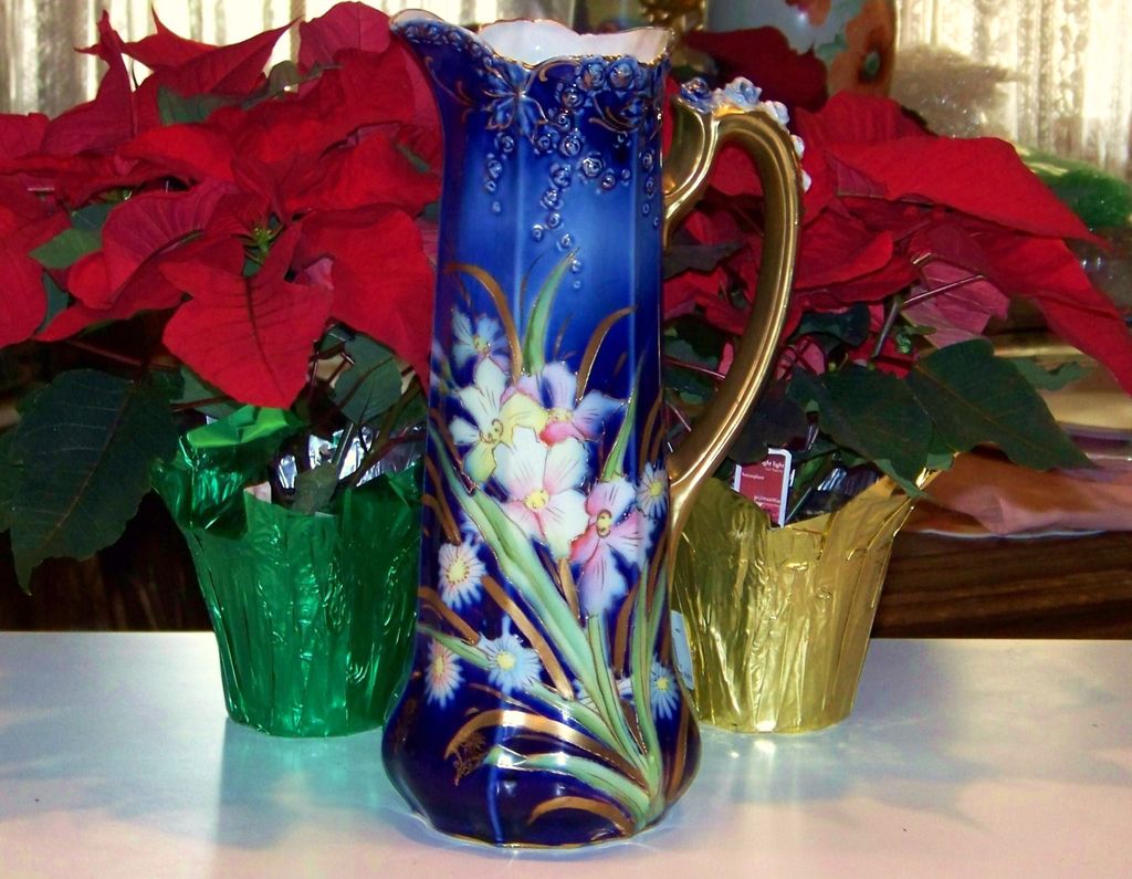 Scarce & Beautiful RS Prussia 1900's Cobalt Blue "Iris" Floral Decor 14" Rosebud Tankard Scarce & Beautiful RS Prussia 1900's Cobalt Blue "Iris" Floral Decor 14" Rosebud Tankard