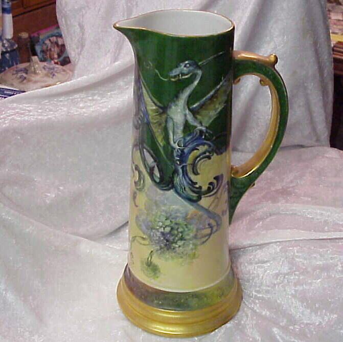 Limoges Guerin HP Vintage "Flying Dragon" 14-7/8" Tankard SIGNED Limoges Guerin HP Vintage "Flying Dragon" 14-7/8" Tankard SIGNED