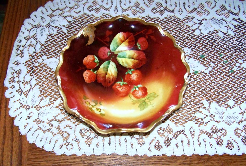 Outstanding 1910 Julius H. Brauer Studio of Chicago Hand Painted "Red Strawberries" 9-1/8" Pedestal Flared Fruit Bowl by Artist, "Kammermayer" Outstanding 1910 Julius H. Brauer Studio of Chicago Hand Painted "Red Strawberries" 9-1/8" Pedestal Flared Fruit Bowl by Artist, "Kammermayer"