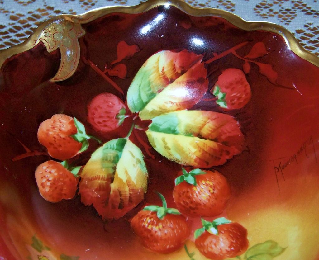 Outstanding 1910 Julius H. Brauer Studio of Chicago Hand Painted "Red Strawberries" 9-1/8" Pedestal Flared Fruit Bowl by Artist, "Kammermayer" Outstanding 1910 Julius H. Brauer Studio of Chicago Hand Painted "Red Strawberries" 9-1/8" Pedestal Flared Fruit Bowl by Artist, "Kammermayer"