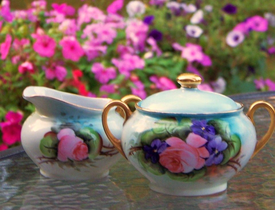 Vintage Germany 1900's Hand Painted "Roses & Violets" Sugar & Creamer Vintage Germany 1900's Hand Painted "Roses & Violets" Sugar & Creamer