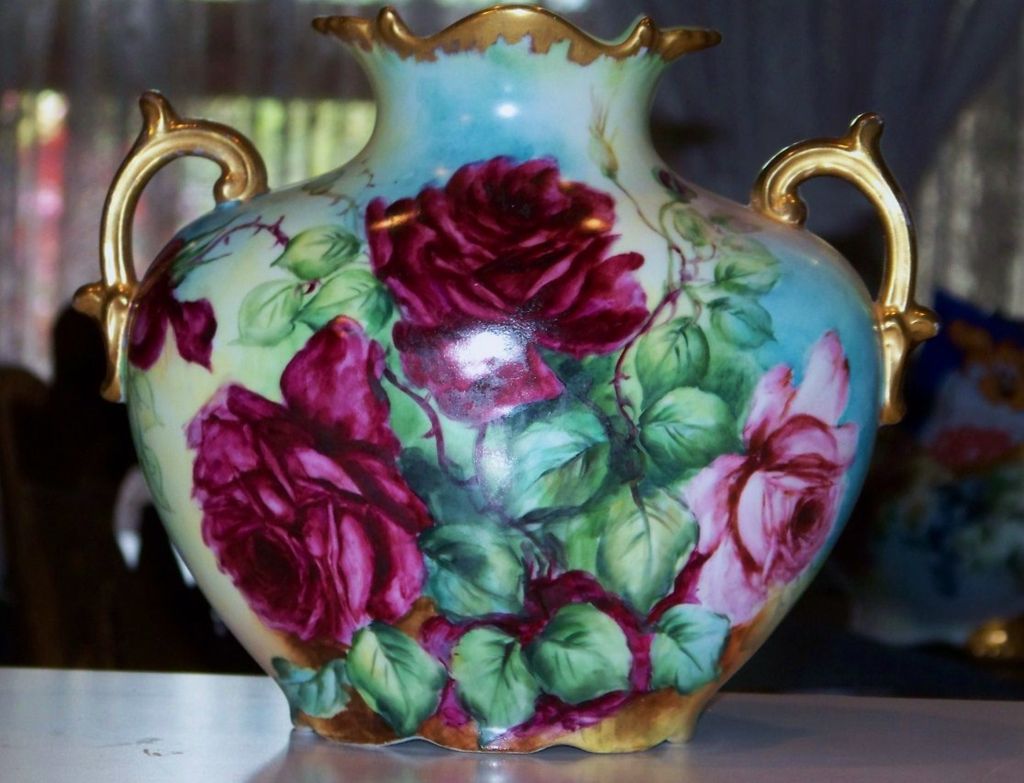 Spectacular Vintage Vienna Austria 1907 Large "Deep Red & Pink Roses" 8-3/4" Pillow Vase by the Artist, "B. Arnold" Spectacular Vintage Vienna Austria 1907 Large "Deep Red & Pink Roses" 8-3/4" Pillow Vase by the Artist, "B. Arnold"
