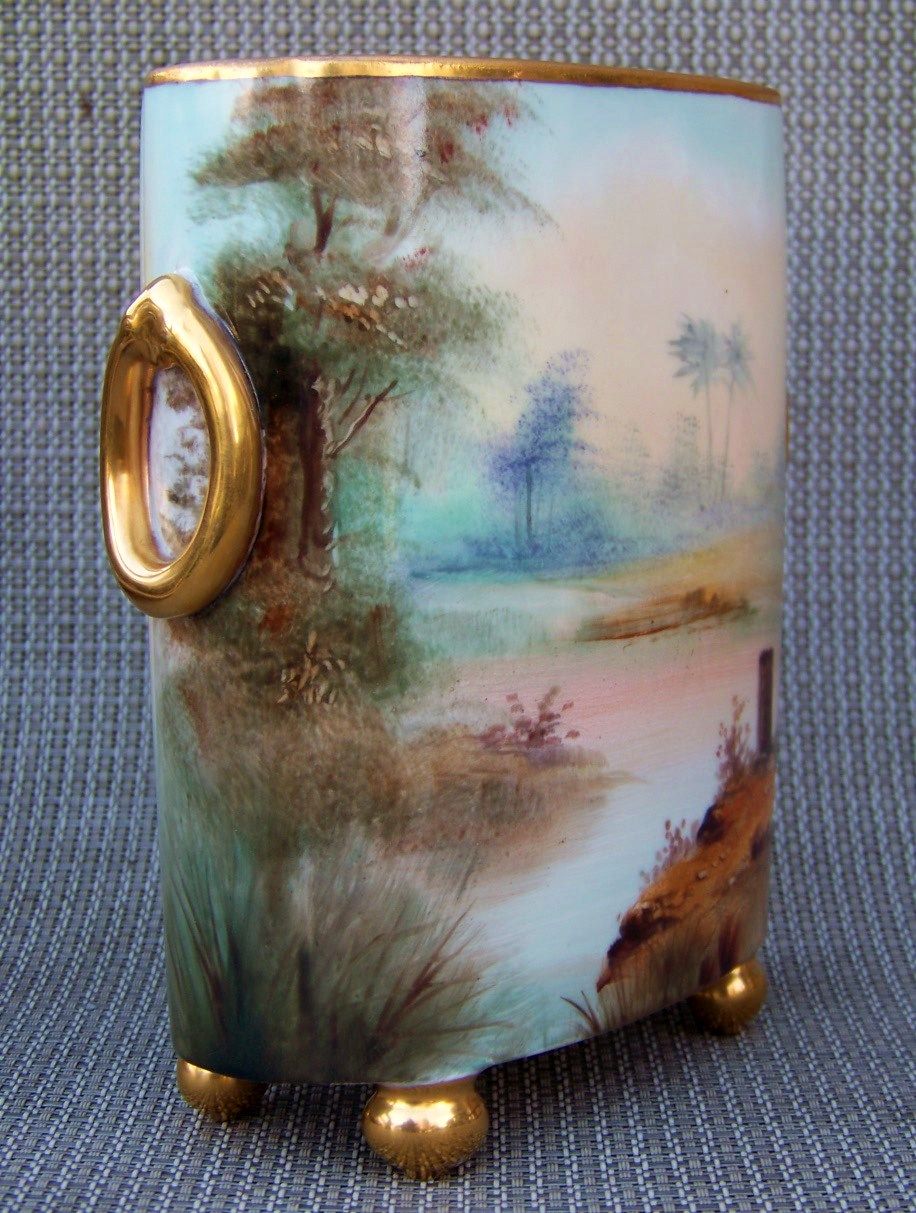 Vintage Limoges France 1900's Hand Painted "Lion & Savannah Oasis" 6-3/4" Cache Pot Marked Heidrich Studio by Renowned Chicago Artist, "Adolph Heidrich" Vintage Limoges France 1900's Hand Painted "Lion & Savannah Oasis" 6-3/4" Cache Pot Marked Heidrich Studio by Renowned Chicago Artist, "Adolph Heidrich"