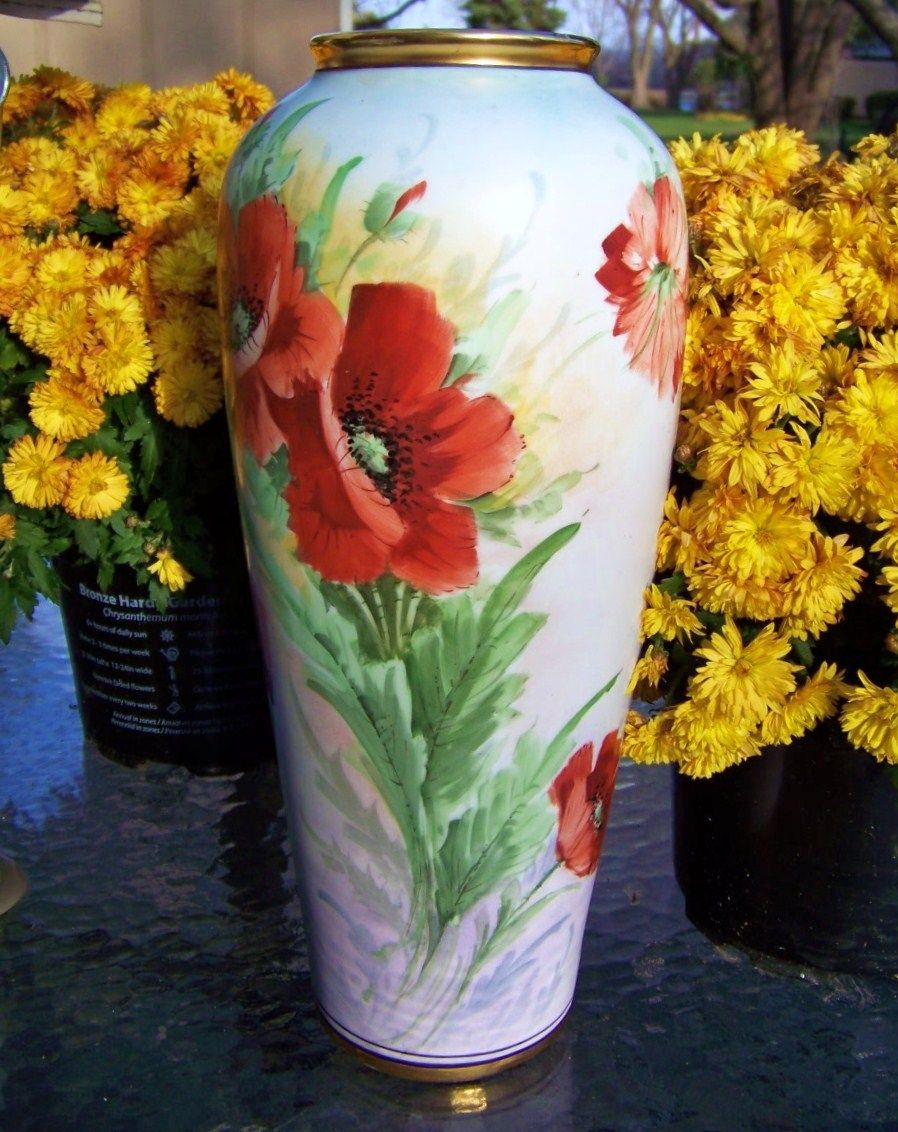 Exquisite Czechoslovakia 1920's Hand Painted Vibrant "Burnt Orange Poppies" 14-1/2" Vase Exquisite Czechoslovakia 1920's Hand Painted Vibrant "Burnt Orange Poppies" 14-1/2" Vase