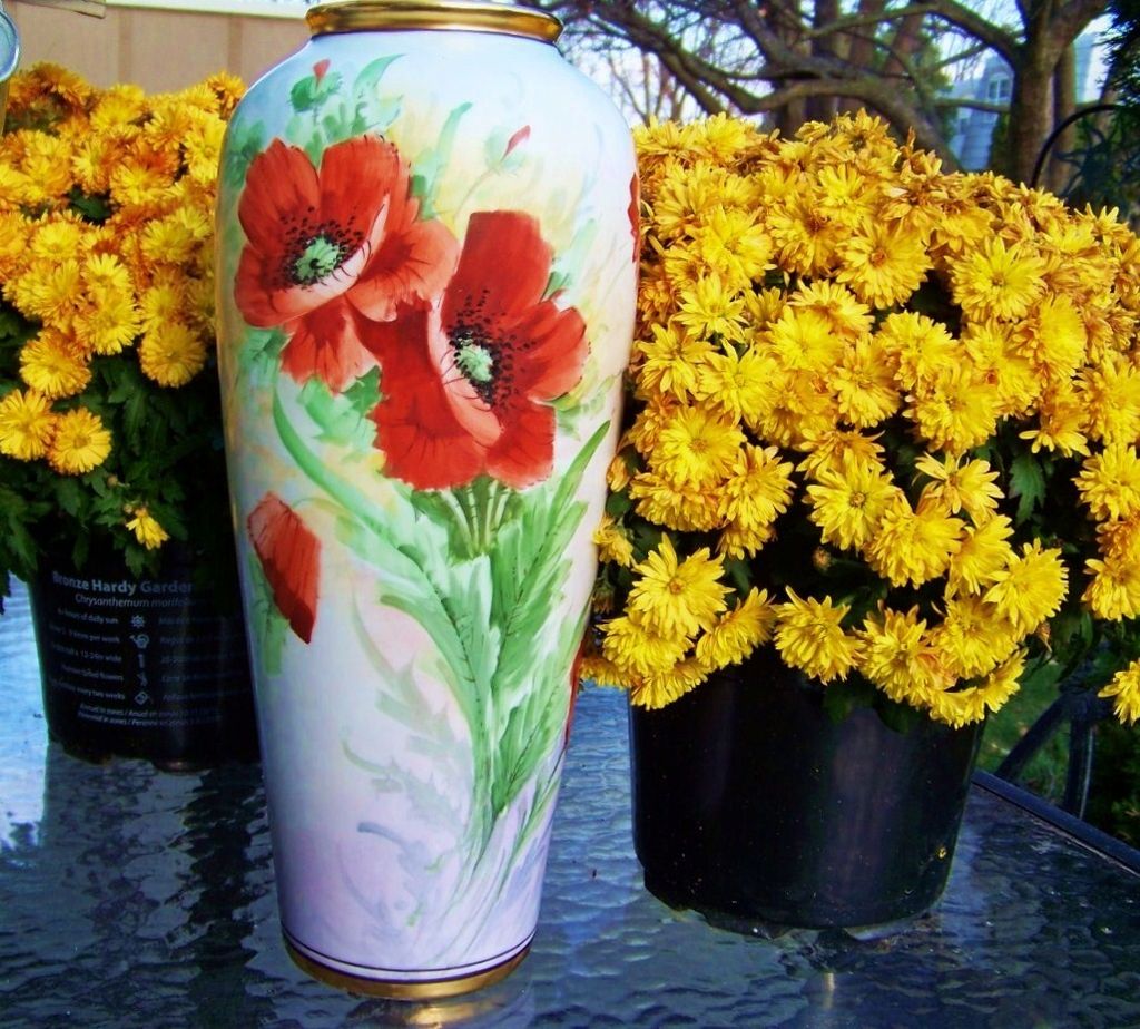 Exquisite Czechoslovakia 1920's Hand Painted Vibrant "Burnt Orange Poppies" 14-1/2" Vase Exquisite Czechoslovakia 1920's Hand Painted Vibrant "Burnt Orange Poppies" 14-1/2" Vase