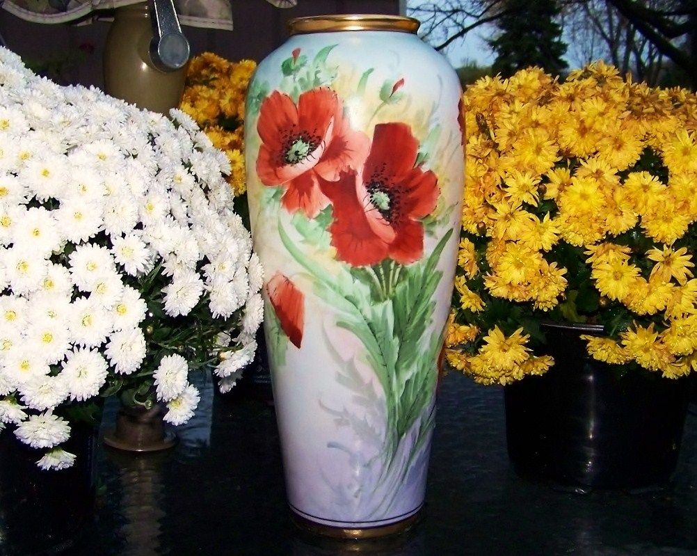 Exquisite Czechoslovakia 1920's Hand Painted Vibrant "Burnt Orange Poppies" 14-1/2" Vase Exquisite Czechoslovakia 1920's Hand Painted Vibrant "Burnt Orange Poppies" 14-1/2" Vase