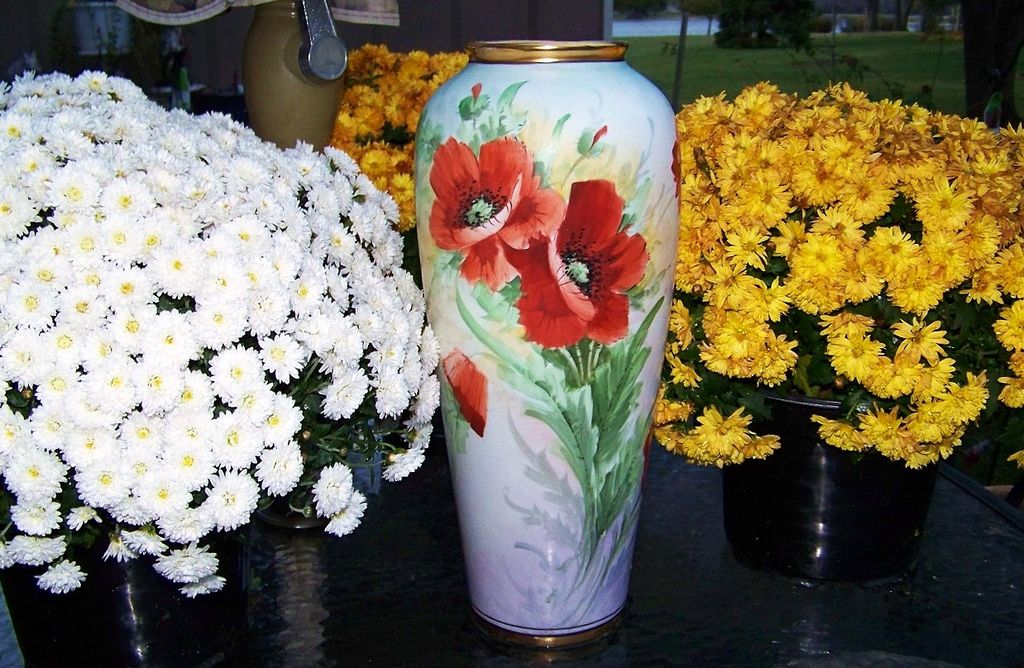 Exquisite Czechoslovakia 1920's Hand Painted Vibrant "Burnt Orange Poppies" 14-1/2" Vase Exquisite Czechoslovakia 1920's Hand Painted Vibrant "Burnt Orange Poppies" 14-1/2" Vase