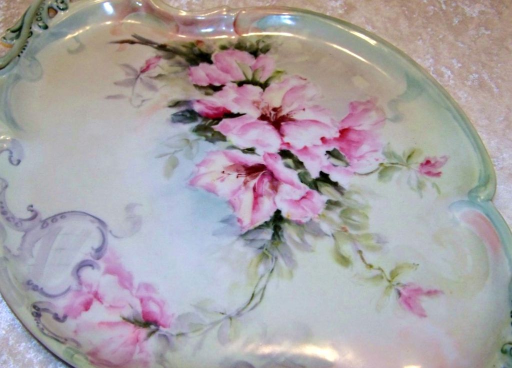 Spectacular & Large Limoges France 1900's Hand Painted "Pink Azalea" 17" Fancy Scallop Tray by the Artist, "M.R." Spectacular & Large Limoges France 1900's Hand Painted "Pink Azalea" 17" Fancy Scallop Tray by the Artist, "M.R."
