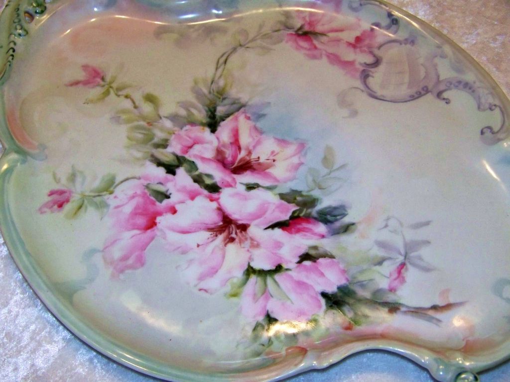 Spectacular & Large Limoges France 1900's Hand Painted "Pink Azalea" 17" Fancy Scallop Tray by the Artist, "M.R." Spectacular & Large Limoges France 1900's Hand Painted "Pink Azalea" 17" Fancy Scallop Tray by the Artist, "M.R."