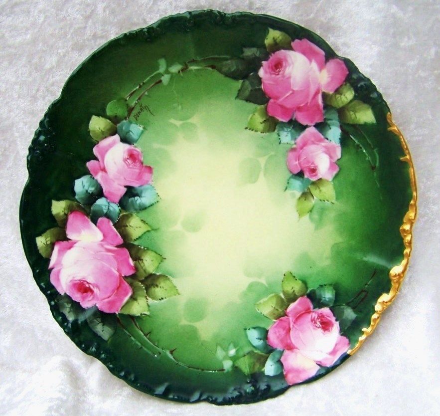 Vintage 1900's J.P.L. France Limoges Hand Painted "Pink Roses" 9-3/4" Plate by the Listed Artist, "Edward Donath" Vintage 1900's J.P.L. France Limoges Hand Painted "Pink Roses" 9-3/4" Plate by the Listed Artist, "Edward Donath"