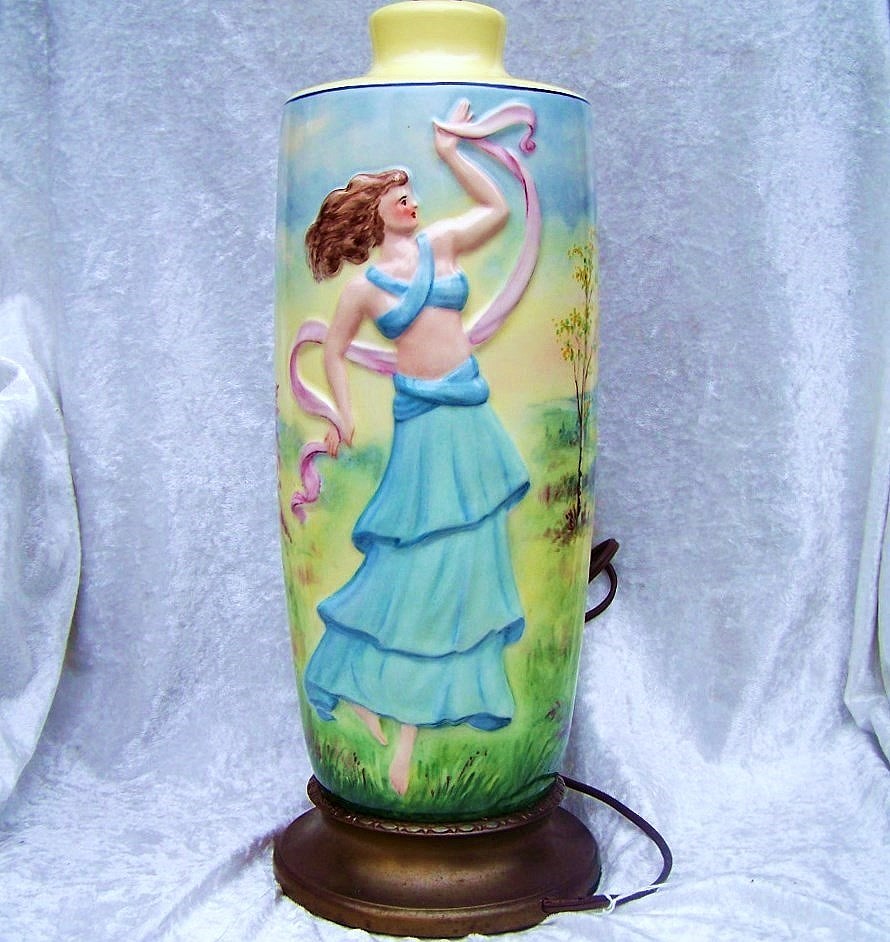 Vintage Limoges 1920's Hand Painted Art Deco Style "Dancing Lady With A Scarf" Large Lamp by the Pickard Artist, "C.F. Koenig" Vintage Limoges 1920's Hand Painted Art Deco Style "Dancing Lady With A Scarf" Large Lamp by the Pickard Artist, "C.F. Koenig"