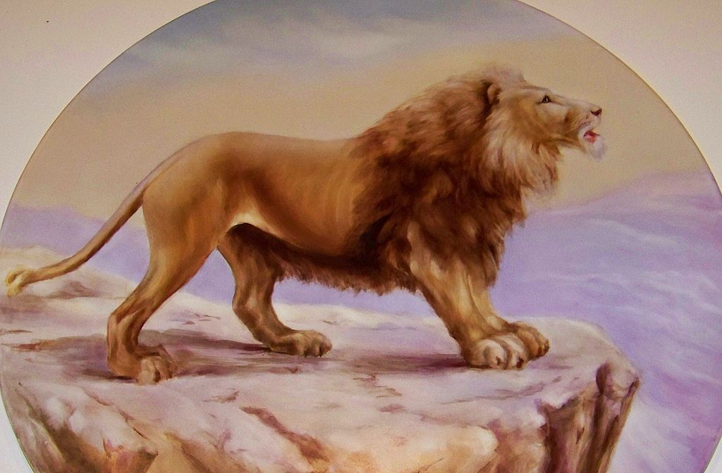 Rare J.P.L. France 1900's Hand Painted "Lion" On Cliff 15-3/4" Plaque by Pickard Artist, "D.M. Campana" Rare J.P.L. France 1900's Hand Painted "Lion" On Cliff 15-3/4" Plaque by Pickard Artist, "D.M. Campana"