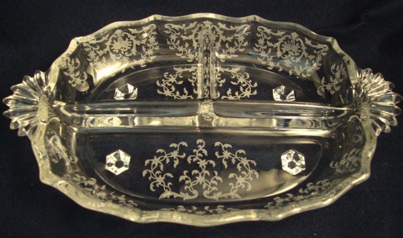 Elegant Fostoria glass #2496 3 part relish Navarre etch Elegant Fostoria glass #2496 3 part relish Navarre etch