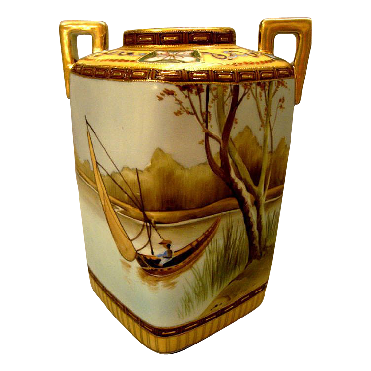 Handpainted Nippon Scenic vase with a man fishing Handpainted Nippon Scenic vase with a man fishing