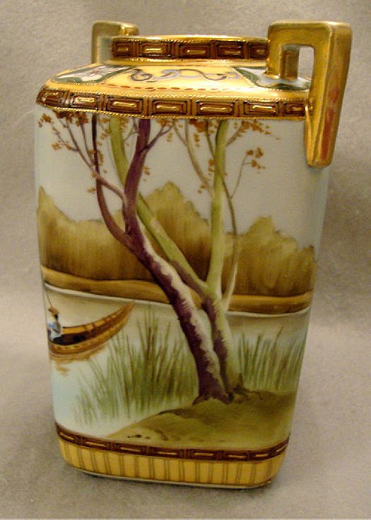 Handpainted Nippon Scenic vase with a man fishing Handpainted Nippon Scenic vase with a man fishing