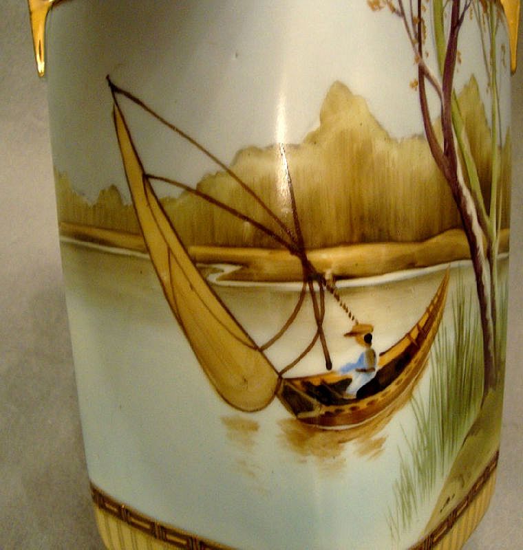 Handpainted Nippon Scenic vase with a man fishing Handpainted Nippon Scenic vase with a man fishing