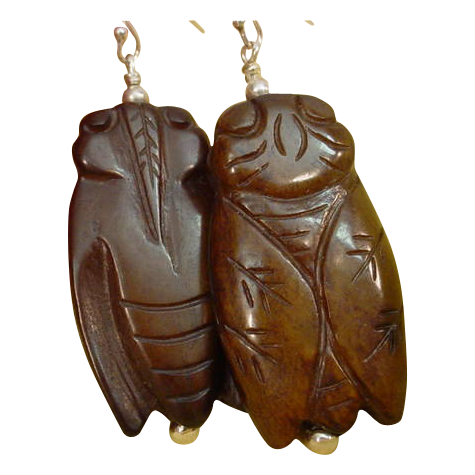 Sterling Silver Pierced Dangle Carved Jade Locust Earring Sterling Silver Pierced Dangle Carved Jade Locust Earring