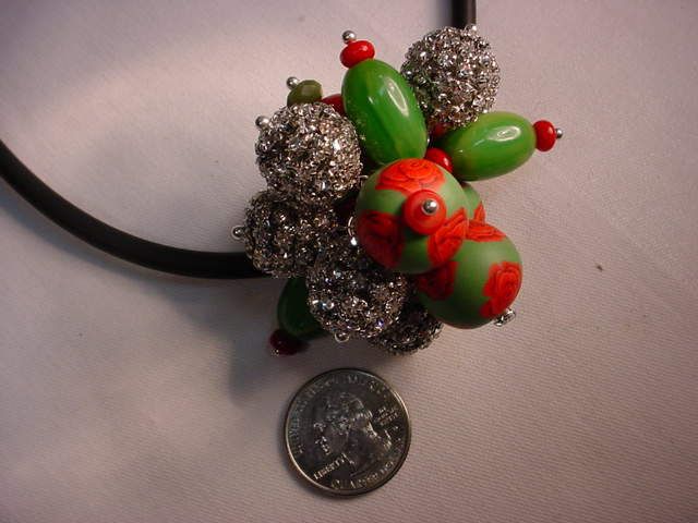 Rose Hand Rolled Clay with Swarovski Crystal Bakelite Cluster Necklace Rose Hand Rolled Clay with Swarovski Crystal Bakelite Cluster Necklace