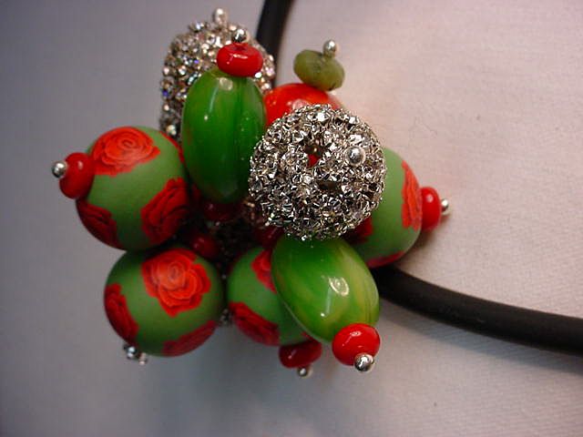 Rose Hand Rolled Clay with Swarovski Crystal Bakelite Cluster Necklace Rose Hand Rolled Clay with Swarovski Crystal Bakelite Cluster Necklace