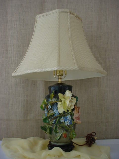 Majolica Italy Barbotine Applied Flower Table Lamp Majolica Italy Barbotine Applied Flower Table Lamp