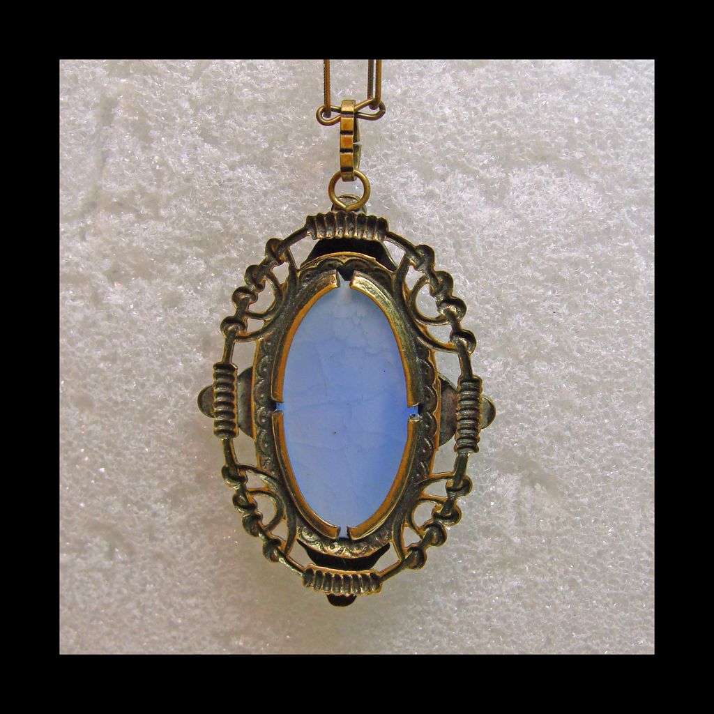 1930s Blue Glass and Enamel in Brass Setting 1930s Blue Glass and Enamel in Brass Setting