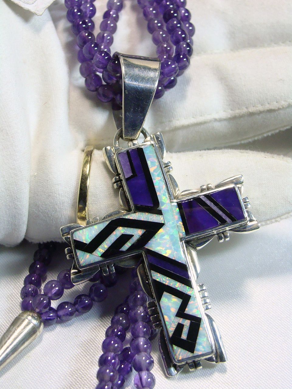 Native American Sugalite and Opal Inlay Cross and Triple Strand of Amethyst Beads Native American Sugalite and Opal Inlay Cross and Triple Strand of Amethyst Beads