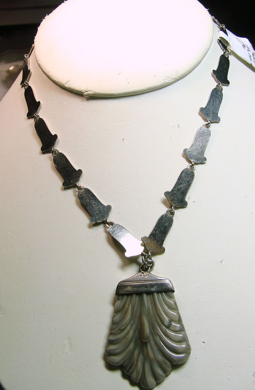 Vintage Czech Deco Glass Pendant on Bell Shape Links Vintage Czech Deco Glass Pendant on Bell Shape Links