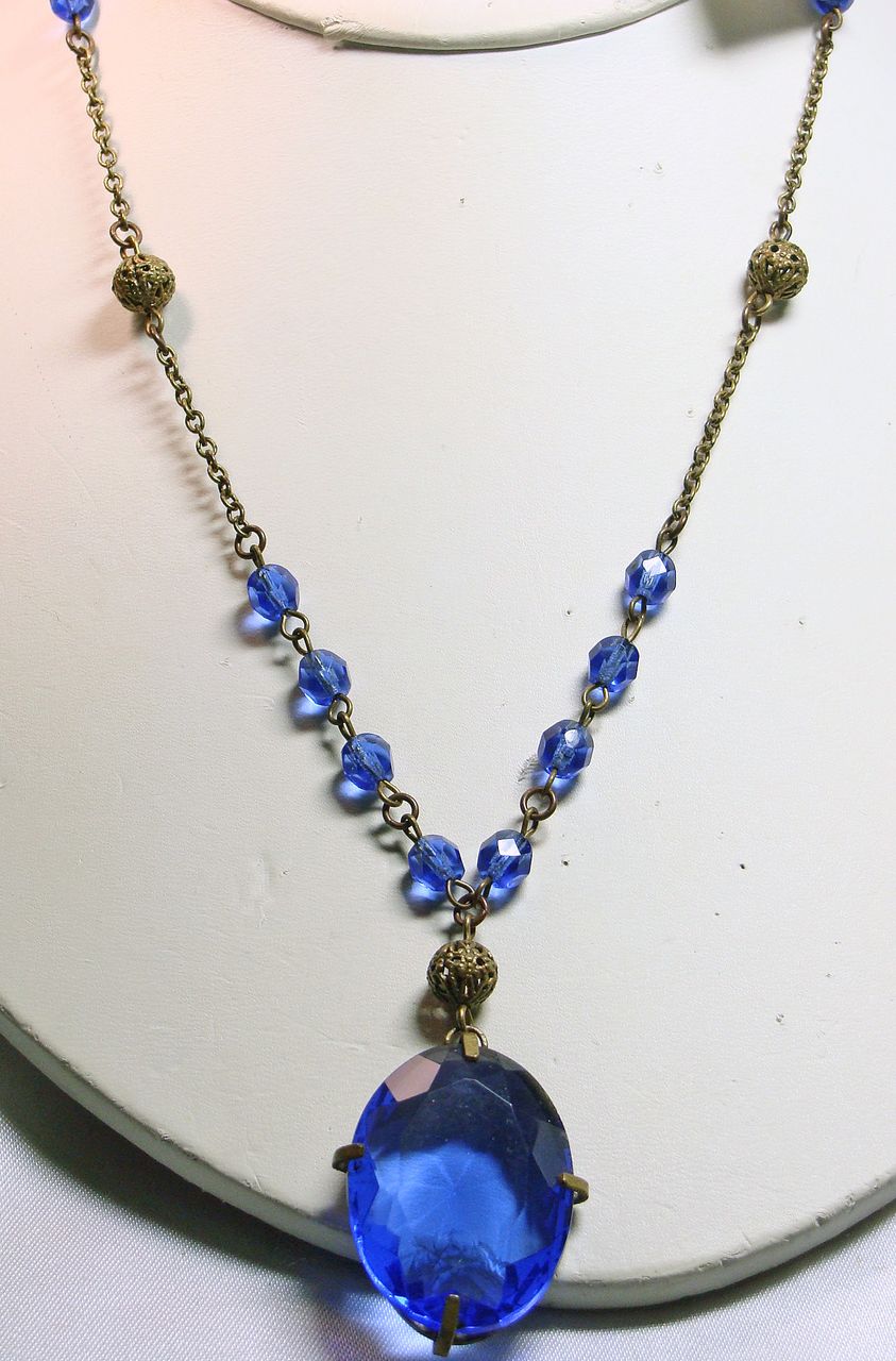 1920s-1930s Brass Filigree Necklace with Cobalt Blue Glass Pendant and Beads 1920s-1930s Brass Filigree Necklace with Cobalt Blue Glass Pendant and Beads