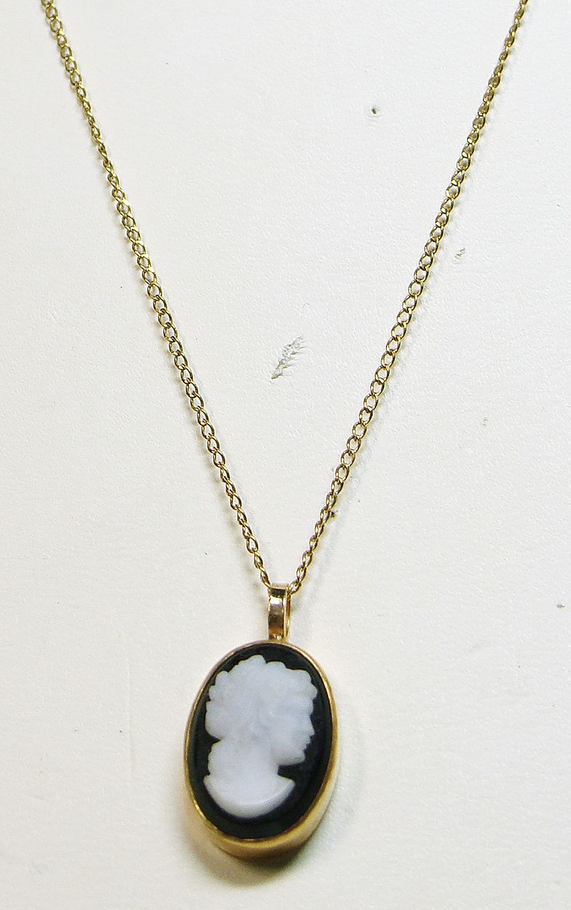 Petit Black and White Glass Cameo Pendant on Gold Filled Chain Petit Black and White Glass Cameo Pendant on Gold Filled Chain