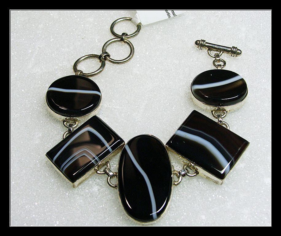 Banded Black Agate Link Style Sterling Bracelet Banded Black Agate Link Style Sterling Bracelet